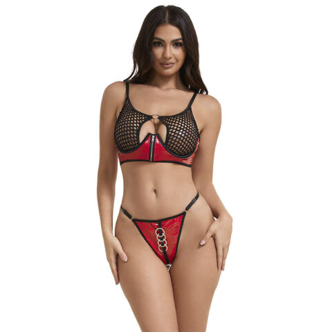 SUBBLIME - 955533 ROTES LACKLEDER-NETZ-ZIPPER-BH-SET S/M